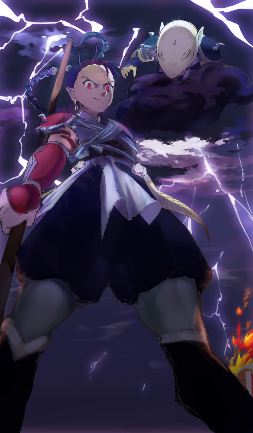 >:), 1boy, absurdres, arm_guards, armor, black_hair, braid, brothers
