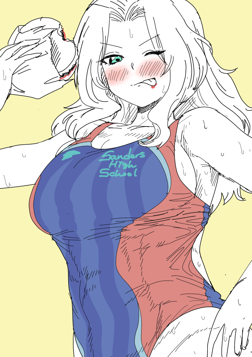 1girl, absurdres, blush, breasts, competition_swimsuit, cowboy_shot, eating, english_text, food, from_below, girls_und_panzer, green_eyes, hamburger, hand_on_hip, highres, kaiman_garupan, kay_(girls_und_panzer), large_breasts, long_hair, looking_at_another, one-piece_swimsuit, one_eye_closed, sketch, solo, spot_color, swimsuit, tongue, tongue_out, wet, yellow_background