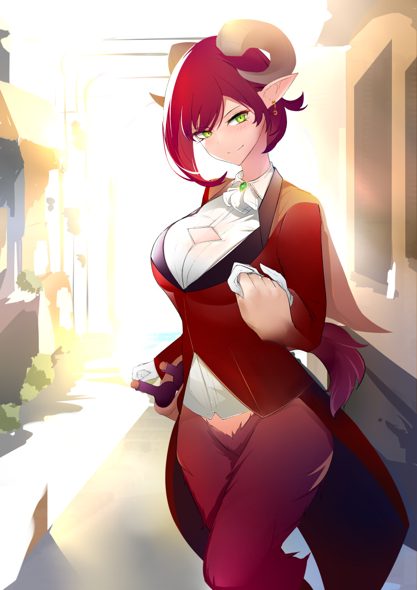 1girl, absurdres, bottle, breasts, cleavage_cutout, earrings, eyebrows_visible_through_hair, fur, gloves, goat_horns, green_eyes, highres, hooves, horns, jewelry, large_breasts, looking_at_viewer, monster_girl, monster_girl_encyclopedia, necklace, pointy_ears, purple_hair, satyr, satyros_(monster_girl_encyclopedia), short_hair, smile, tail, white_gloves, wine_bottle, yositsune