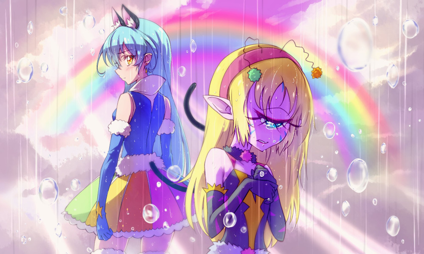 2girls, animal_ears, antennae, black_gloves, blonde_hair, blue_gloves, cat_ears, cat_tail