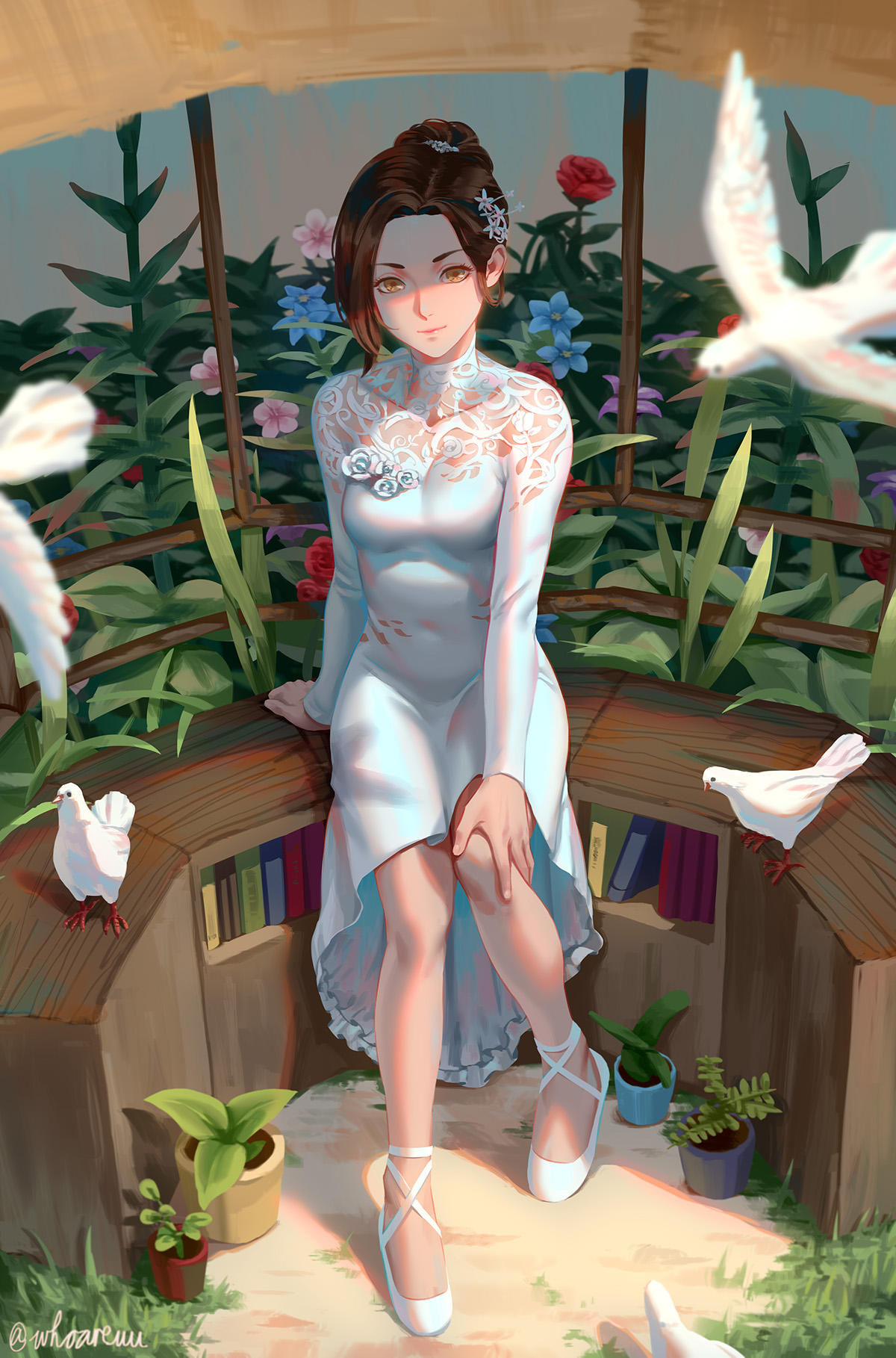 1girl, arm_support, artist_name, asymmetrical_hair, bangs, bare_legs, bird, blue_flower
