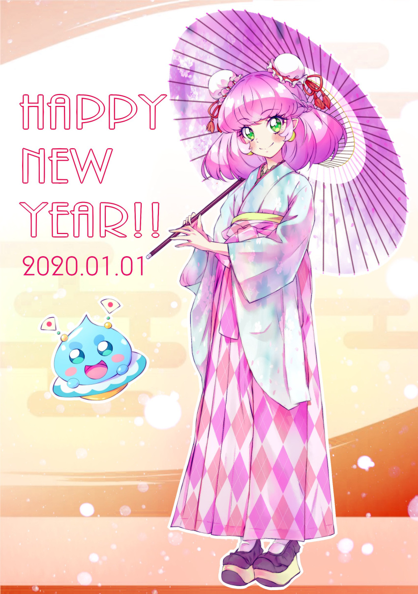 1girl, 2020, absurdres, aqua_eyes, blush, blush_stickers, braid, closed_mouth, commentary_request, crown_braid, dated, double_bun, fan, full_body, green_eyes, happy_new_year, highres, holding, holding_umbrella, japanese_clothes, japanese_flag, kimono, kyoutsuugengo, mao_(precure), new_year, open_mouth, oriental_umbrella, paper_fan, pearl_earrings, pink_hair, precure, prunce_(precure), shoes, smile, star_twinkle_precure, umbrella, yuni_(precure)