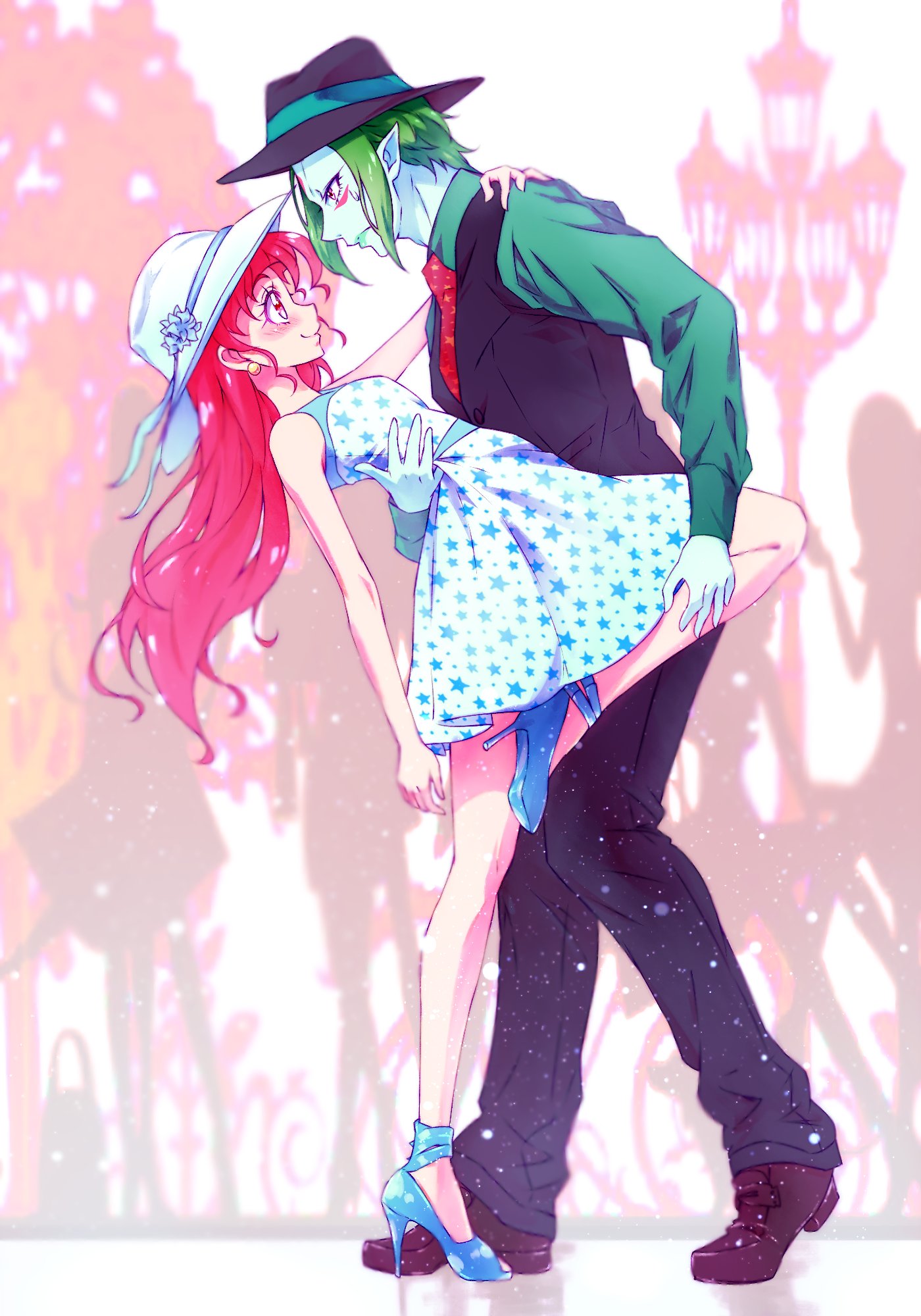 1boy, 1girl, bare_legs, blue_skin, blurry, blurry_background, blush, commentary_request, dress, earrings, eye_contact, facepaint, facial_mark, flower, forehead_mark, formal, from_side, frown, full_body, green_hair, green_lips, green_shirt, hair_down, hand_on_another's_leg, hand_on_another's_shoulder, hand_on_another's_waist, hat, hat_flower, high_heels, highres, hoshina_hikaru, jewelry, kappard_(precure), kyoutsuugengo, lamppost, leg_up, long_hair, long_sleeves, looking_at_another, necktie, pearl_earrings, pink_eyes, pink_hair, precure, shirt, shoes, sleeveless, sleeveless_dress, smile, star, star_print, star_twinkle_precure, suit, sun_hat, sundress