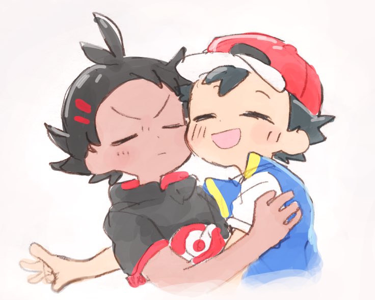 2boys, baseball_cap, black_hair, blue_vest, blush, cheek-to-cheek, closed_eyes, commentary_request