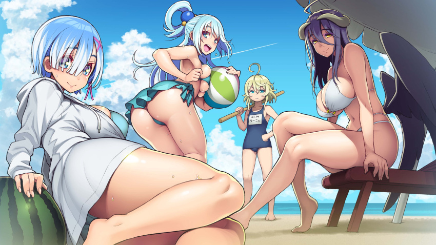 4girls, absurdres, ahoge, albedo, aqua_(konosuba), ass, ball, bangs
