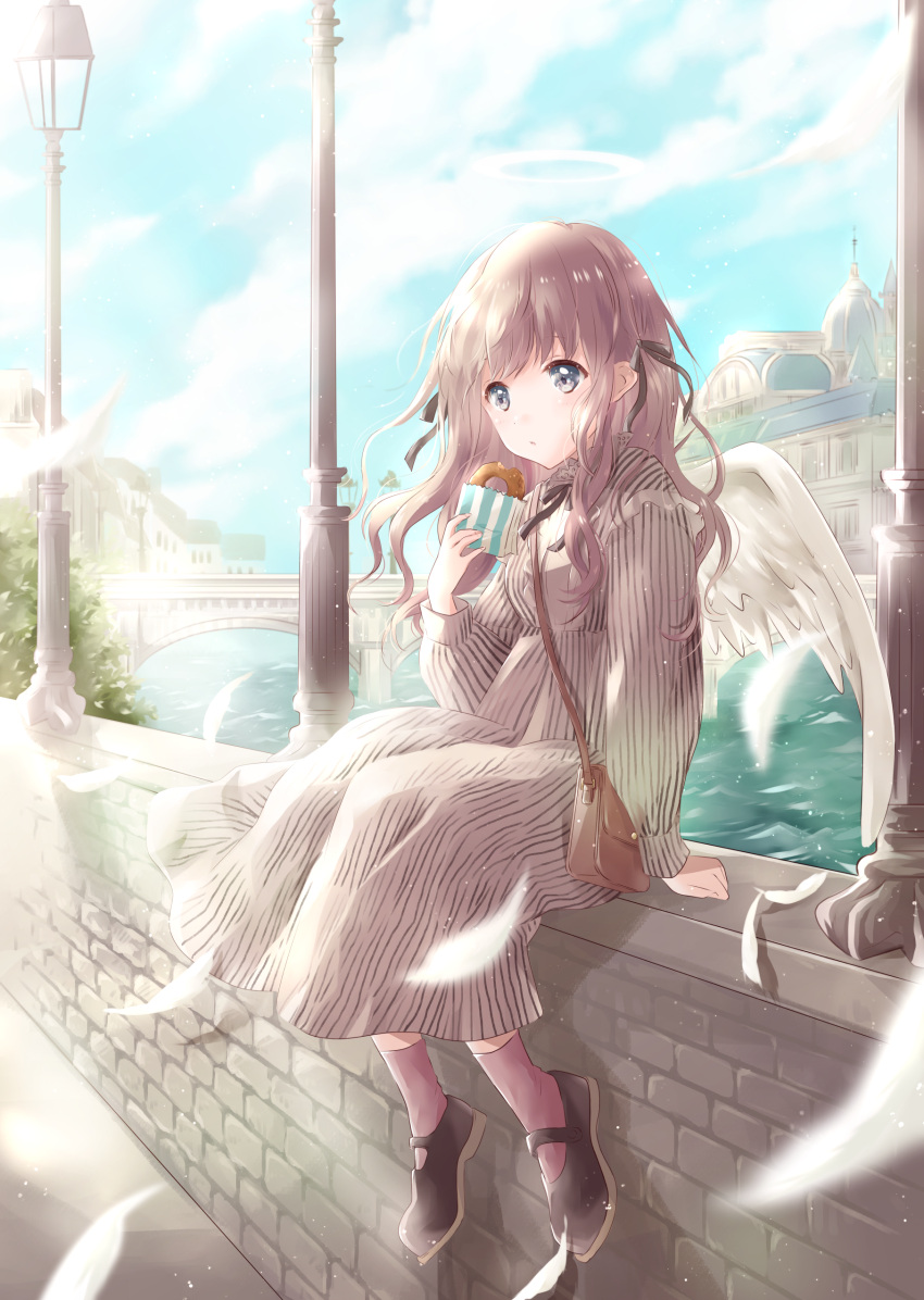 1girl, :o, absurdres, angel, angel_wings, arm_support, arm_up, bag