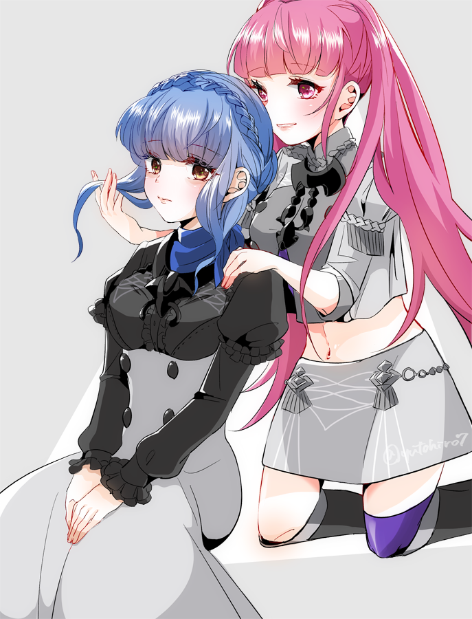 2girls, blue_hair, braid, brown_eyes, closed_mouth, constance_(fire_emblem), constance_(fire_emblem)_(cosplay), cosplay, crown_braid, cute, fire_emblem, fire_emblem:_three_houses, fire_emblem_16, garreg_mach_monastery_uniform, grey_background, hapi_(fire_emblem), hapi_(fire_emblem)_(cosplay), hilda_valentine_goneril, intelligent_systems, kneeling, long_hair, long_sleeves, marianne_von_edmund, midriff, multiple_girls, navel, nintendo, parted_lips, pink_eyes, pink_hair, simple_background, sitting, twintails, twitter_username, uniform, yutohiroya