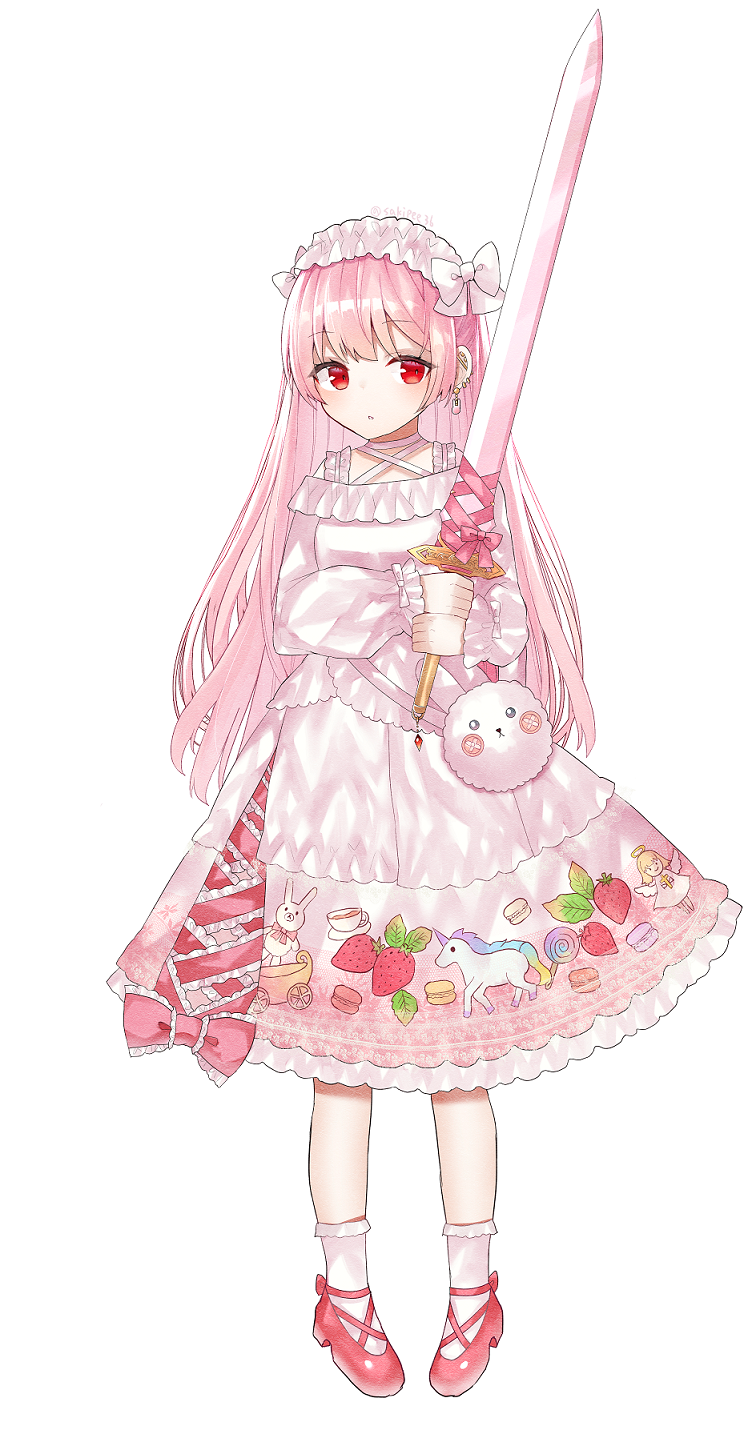 1girl, angel, bag, blush, bobby_socks, candy, commentary_request, cup