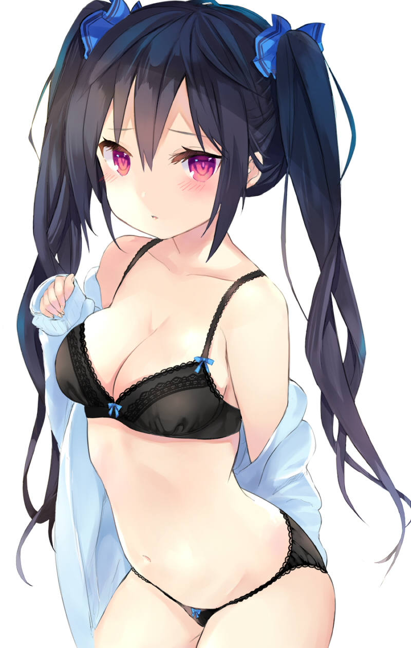 1girl, bare_shoulders, black_bra, black_hair, black_panties, blush, bow, bow_bra, bow_panties, bra, breasts, hair_ornament, highres, long_hair, looking_at_viewer, medium_breasts, mikan_no_shiru, neptune_(series), noire, panties, red_eyes, simple_background, solo, twintails, underwear, white_background