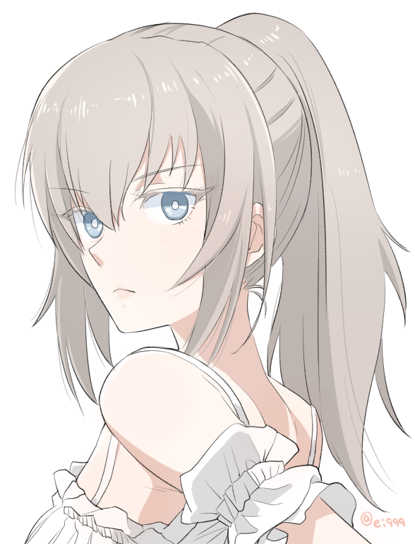 1girl, alternate_hairstyle, armband, bangs, blue_eyes, bright_pupils, casual, closed_mouth