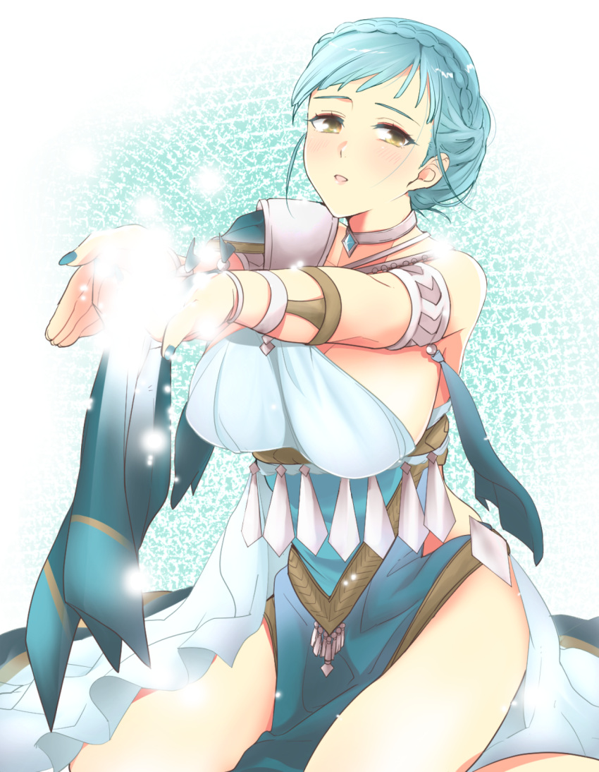 1girl, absurdres, armlet, blue_hair, braid, brown_eyes, choker, crown_braid, dancer, dress, fire_emblem, fire_emblem:_three_houses, highres, marianne_von_edmund, nail_polish, open_mouth, solo, sou_mei