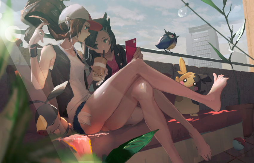 2girls, asymmetrical_bangs, bangs, bare_arms, bare_legs, bare_shoulders, barefoot, baseball_cap, black_hair, black_vest, blue_eyes, brown_hair, cellphone, closed_eyes, commentary_request, crossed_legs, cup, cutoffs, day, drinking_straw, earphones, exposed_pocket, eyes_visible_through_hair, gen_5_pokemon, gen_8_pokemon, green_eyes, grey_hair, hands_up, hat, highres, holding, holding_phone, jacket, leaning_to_the_side, long_hair, looking_afar, looking_at_another, looking_at_viewer, mary_(pokemon), morpeko, multiple_girls, outdoors, phone, pokemon, pokemon_(creature), pokemon_(game), rookidee, shared_earphones, shirt, short_shorts, shorts, sitting, sleeping, sleeveless, sleeveless_shirt, smartphone, tepig, toes, tougenkyou, touko_(pokemon), touya_(pokemon), undercut, vest, white_shirt, wristband