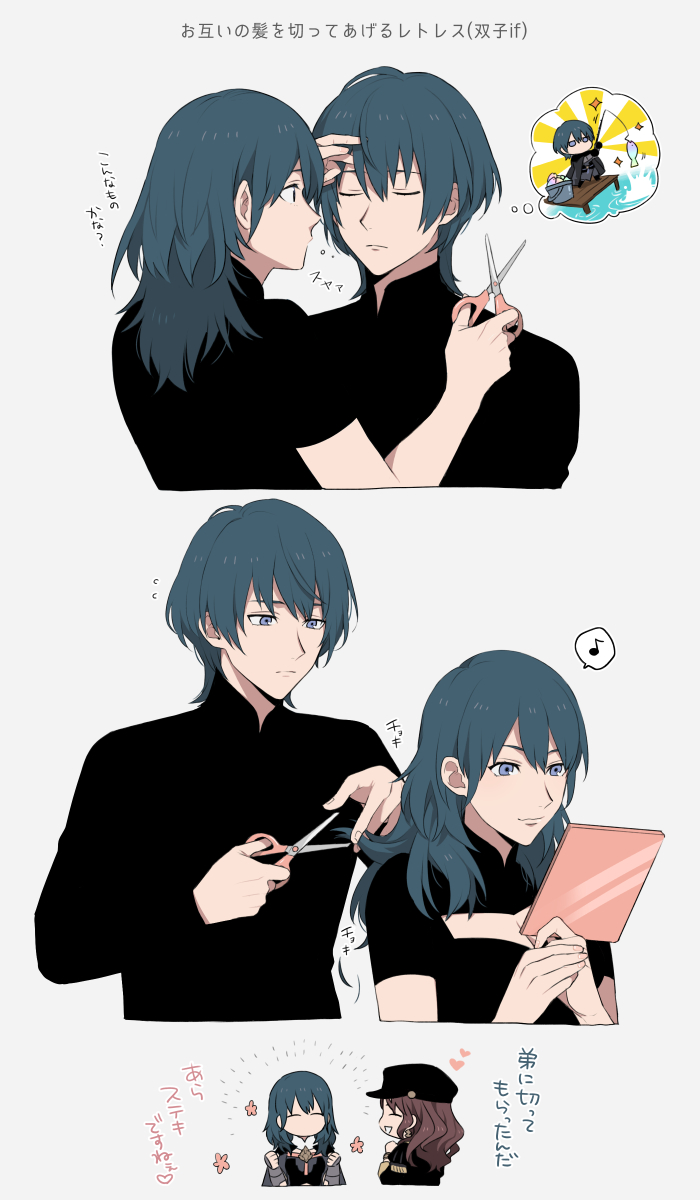 1boy, 2girls, black_headwear, blue_hair, brown_hair, byleth_(fire_emblem), byleth_eisner_(female), byleth_eisner_(male), closed_eyes, closed_mouth, dorothea_arnault, fire_emblem, fire_emblem:_three_houses, grey_background, gunjo_fe, hairdressing, hat, highres, holding, long_hair, medium_hair, multiple_girls, open_mouth, scissors, short_hair, simple_background