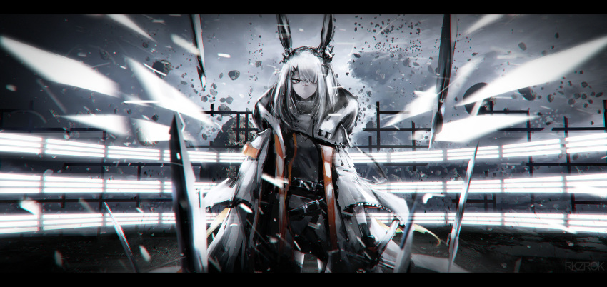 1girl, animal_ears, arknights, belt, black_eyes, black_gloves, debris, frostnova_(arknights)