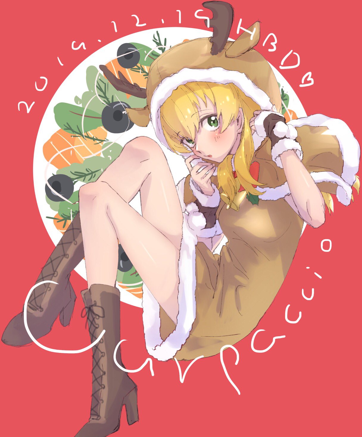 animal_costume, animal_hood, antlers, bangs, bell, black_gloves, blonde_hair, boots