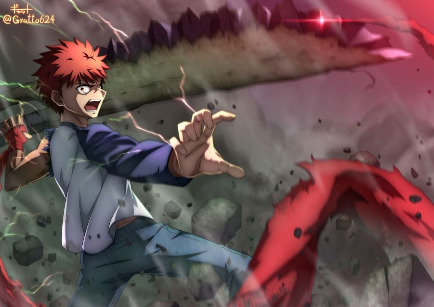 1boy, anime_coloring, artist_name, commentary, emiya_shirou, fate/stay_night, fate_(series), gyatto624, heaven's_feel, highres, holding, holding_weapon, huge_weapon, long_sleeves, orange_hair, raglan_sleeves, rock, shroud_of_martin, signature, sword, weapon, yellow_eyes