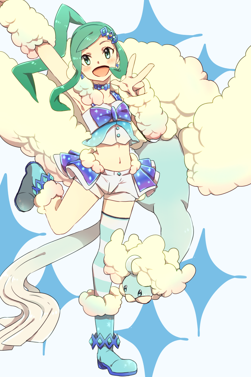 1girl, :d, altaria, aqua_eyes, aqua_hair, bird, blue_footwear, blush