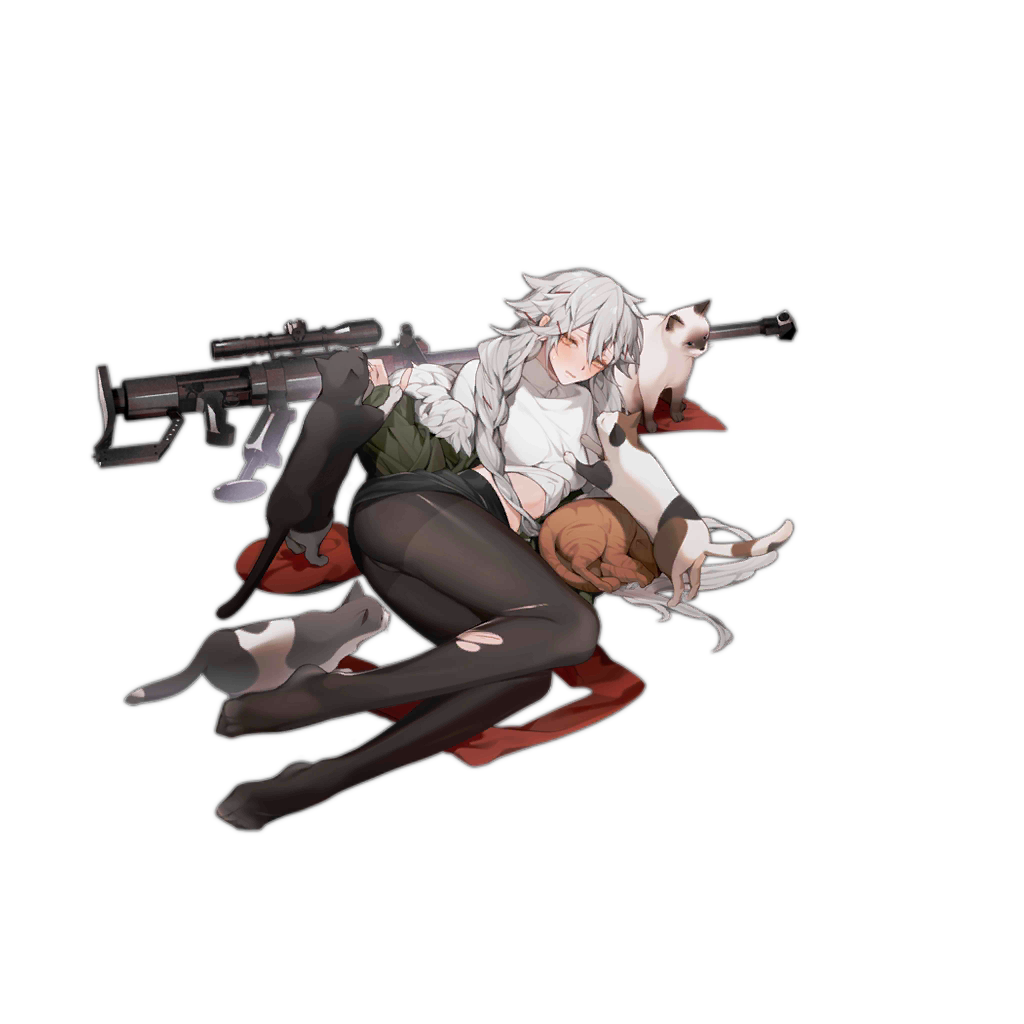 1girl, alternate_costume, alternate_hairstyle, anti-materiel_rifle, bangs, beret, black_footwear, black_legwear