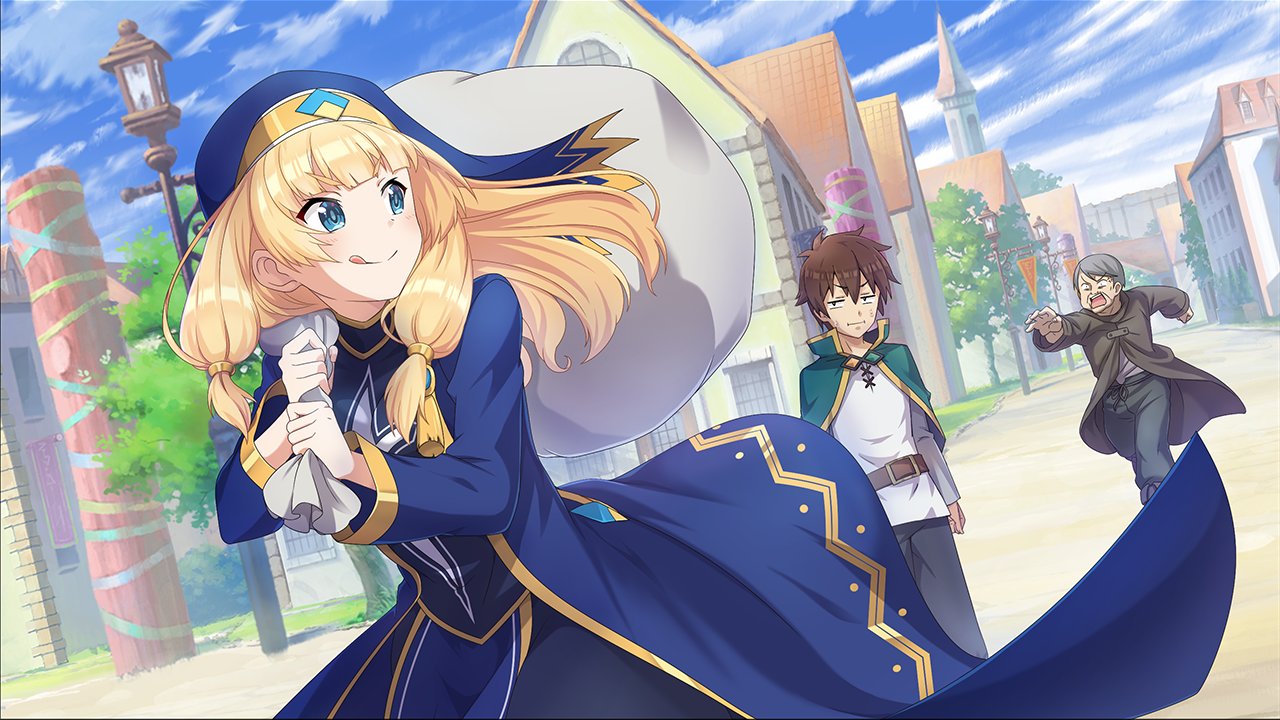 1girl, :q, bag, blonde_hair, blush, breasts, cecily_(konosuba), city