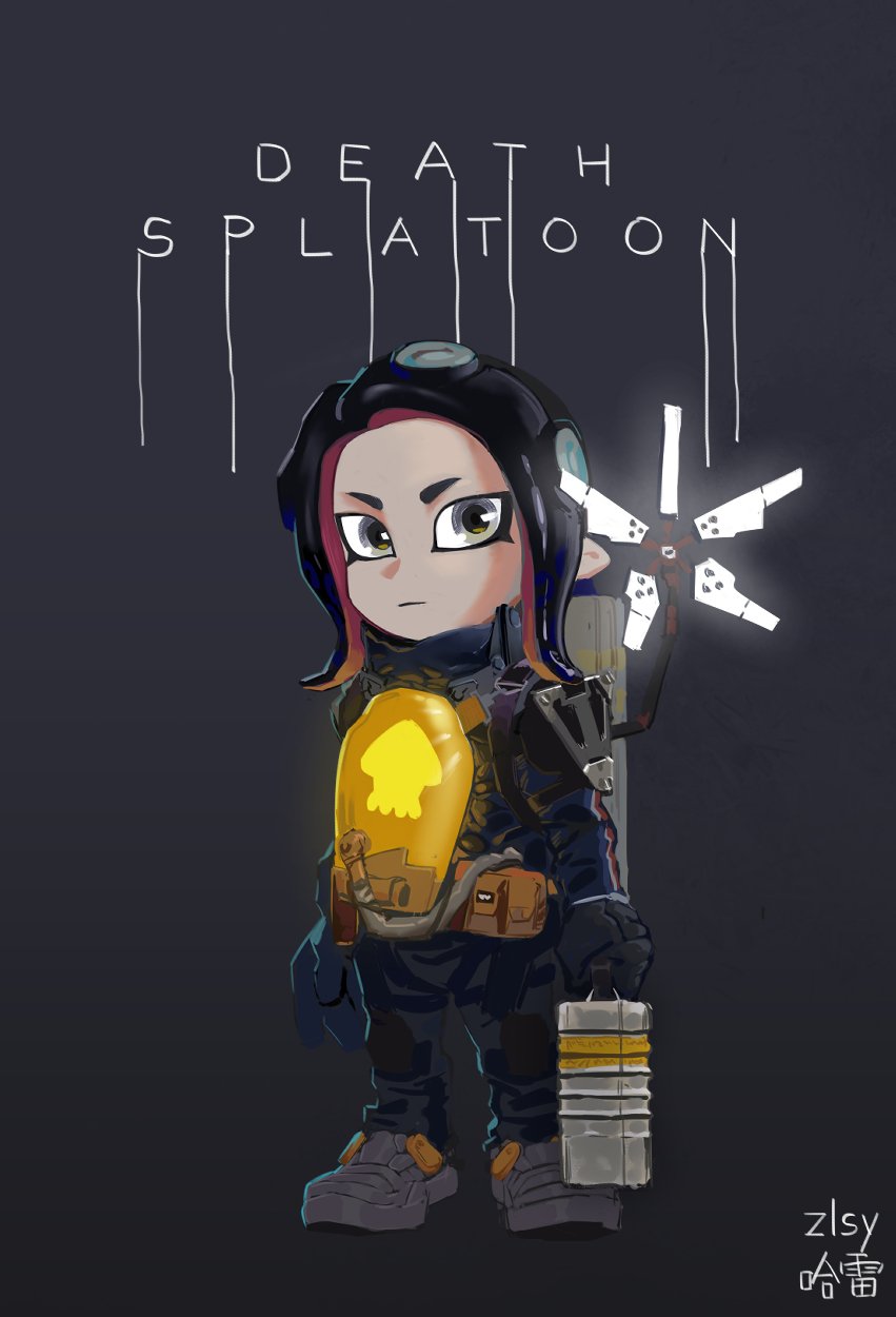 1girl, backpack, bag, black_hair, commentary, commentary_request, cosplay, death_stranding, english_text, eyeliner, forehead, full_body, gloves, haleileileilei, highres, jumpsuit, looking_at_viewer, makeup, medium_hair, octarian, octoling, package, pointy_ears, sam_porter_bridges, sam_porter_bridges_(cosplay), short_eyebrows, solo_focus, splatoon_(series), splatoon_2, squid, suction_cups, tentacle_hair, title_parody