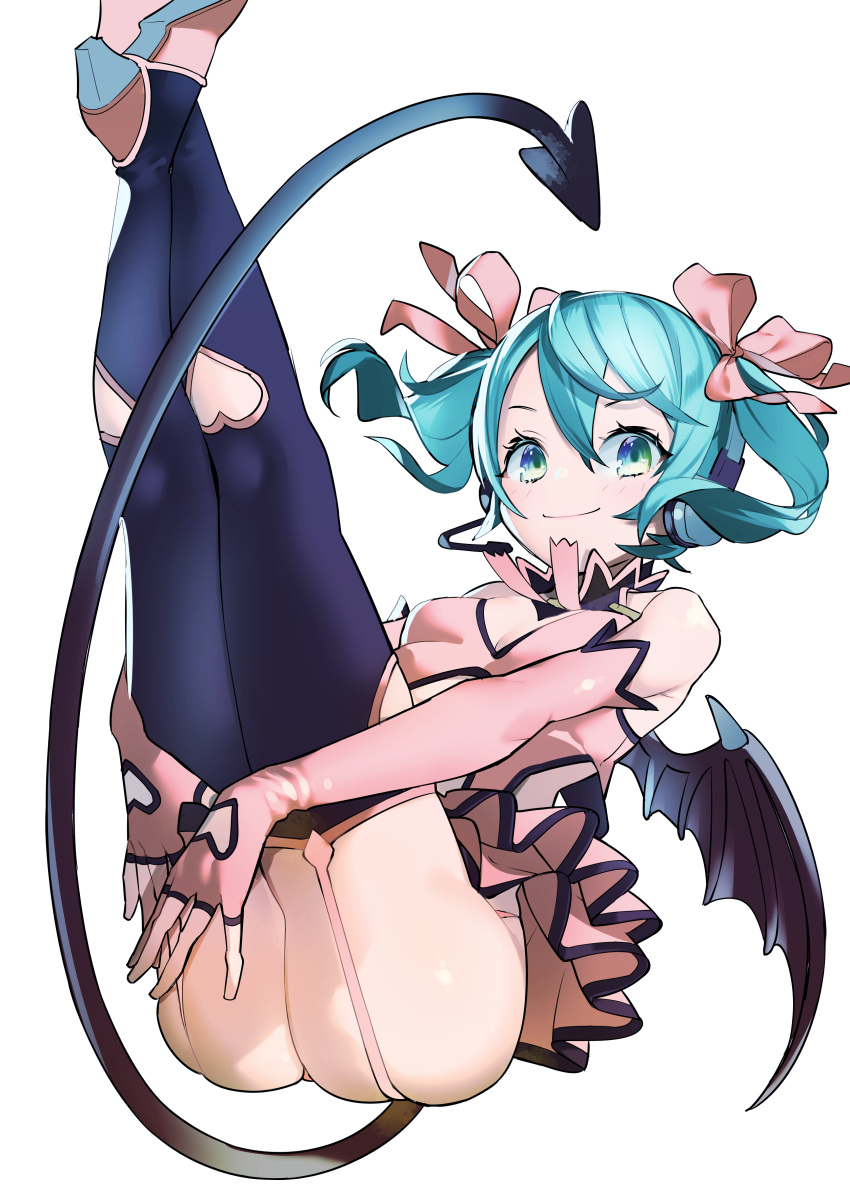 1girl, absurdres, alternate_hair_length, alternate_hairstyle, aqua_eyes, aqua_hair, ass, bangs, barefoot, black_legwear, black_wings, blush, breasts, closed_mouth, dress, elbow_gloves, fingerless_gloves, garter_straps, gloves, hair_ribbon, hatsune_miku, headset, heart_cutout, heart_hunter_(module), high_heels, highres, leaning_back, legs_up, omucchan_(omutyuan), own_hands_together, panties, pantyshot, pantyshot_(sitting), pink_dress, pink_footwear, pink_gloves, pink_panties, pink_ribbon, project_diva_(series), ribbon, short_dress, short_hair, short_twintails, simple_background, sitting, sleeveless, sleeveless_dress, small_breasts, smile, solo, tail, thigh-highs, twintails, underwear, upskirt, vocaloid, white_background, wings