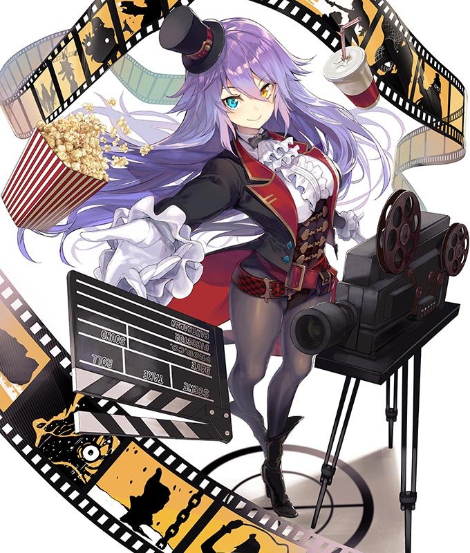 1girl, balus_co., belt, black_footwear, black_jacket, black_legwear, blue_eyes, boots, clapperboard, cup, disposable_cup, drinking_straw, film_strip, food, frill_trim, frills, gloves, hat, heterochromia, humax_cinema, jacket, leotard, long_hair, long_sleeves, looking_at_viewer, mini_hat, movie_projector, official_art, outstretched_hand, pantyhose, popcorn, purple_hair, shirt, simple_background, smile, solo, top_hat, virtual_youtuber, white_background, white_gloves, white_shirt, yellow_eyes, yoruko_burbank, yuunagi_(seventh_heaven)