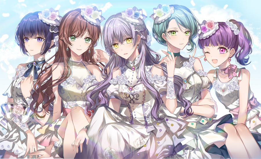 5girls, aqua_hair, ascot, bang_dream!, bangs, black_hair, blue_eyes, blue_flower