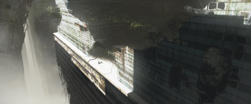 1girl, absurdly_wide_shot, absurdres, asteroid_ill, building, day, fog, from_behind, highres, iz_(asteroid_ill), long_hair, original, outdoors, ruins, scenery, shadow, solo, standing, very_wide_shot, white_hair