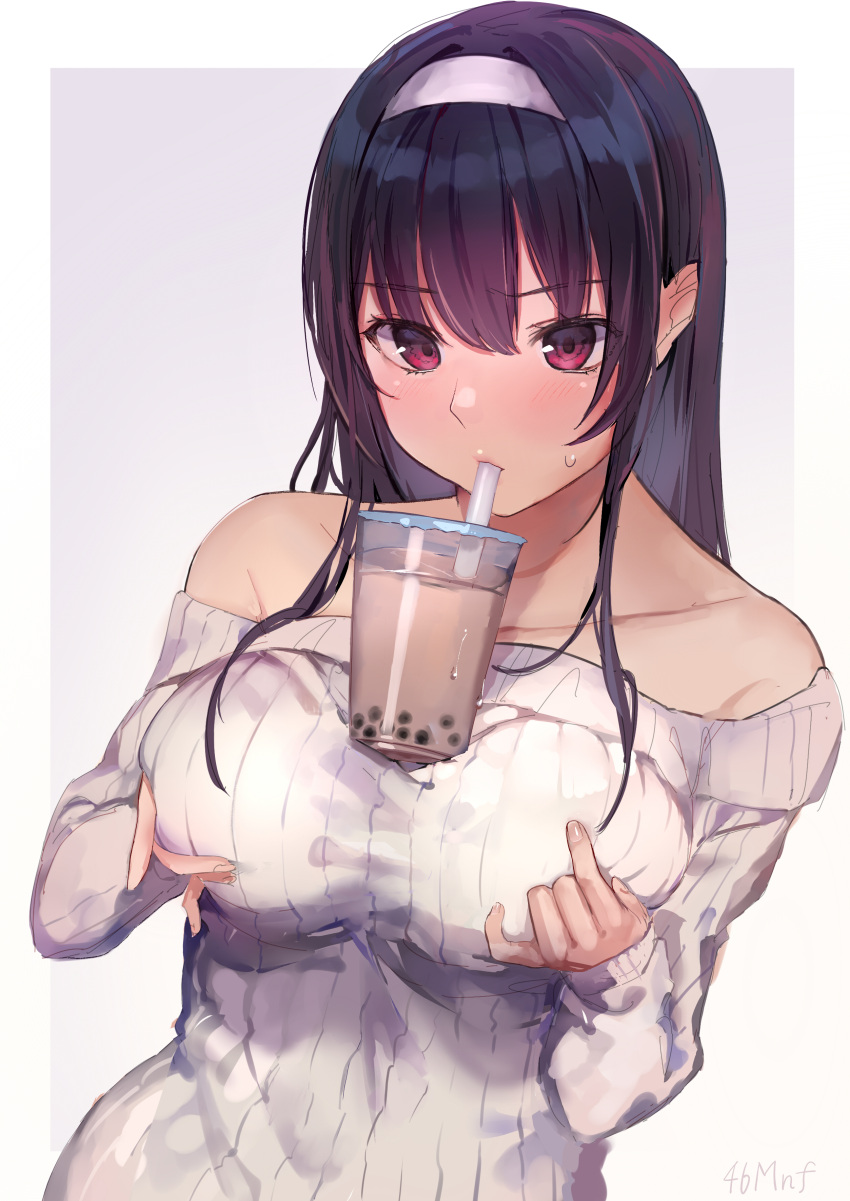 1girl, absurdres, artist_name, bangs, bare_shoulders, blush, breast_lift, breasts