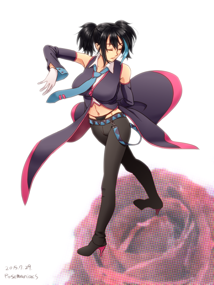 1girl, arm_behind_back, bangs, bare_shoulders, belt, black_hair, black_pants, blue_jacket
