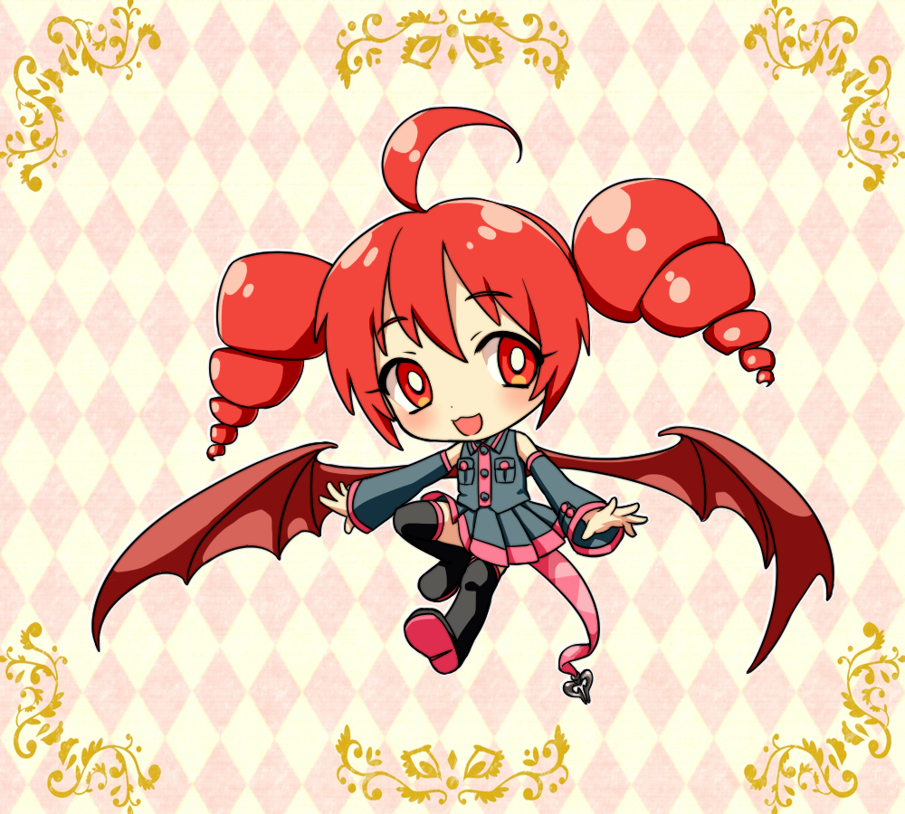 1girl, ahoge, argyle, argyle_background, bat_wings, belt, black_legwear, boots, chibi, chimera, detached_sleeves, drill_hair, full_body, grey_shirt, grey_skirt, grey_sleeves, kasane_teto, light_blush, looking_to_the_side, mutsubizuki, open_mouth, red_eyes, redhead, shirt, short_hair, skirt, smile, solo, tail, thigh-highs, thigh_boots, twin_drills, utau, wings