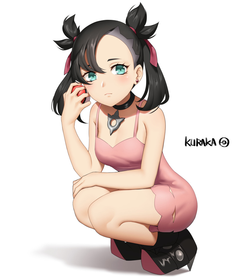 1girl, absurdres, ankle_boots, aqua_eyes, artist_name, asymmetrical_hair, bare_shoulders, black_choker