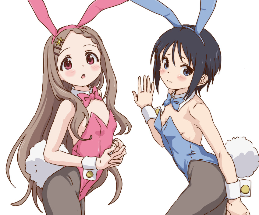 2girls, animal_ears, aoba_kokona, black_hair, black_legwear, blue_eyes, blue_leotard, blue_neckwear