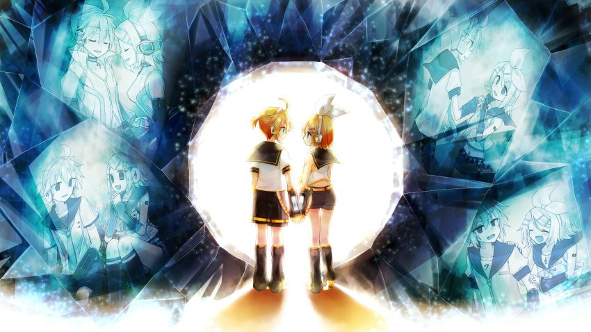 1boy, 1girl, backlighting, bangs, bare_shoulders, bass_clef, black_collar, black_shorts, black_sleeves, blonde_hair, blue_eyes, bow, closed_eyes, collar, commentary, crop_top, crystal, detached_sleeves, fortissimo, haine_koko, hair_bow, hair_ornament, hairclip, hand_on_another's_shoulder, hands_together, headphones, headset, highres, holding_hands, kagamine_len, kagamine_len_(append), kagamine_len_(vocaloid4), kagamine_rin, kagamine_rin_(append), kagamine_rin_(vocaloid4), leg_warmers, looking_at_another, midriff, nail_polish, necktie, open_mouth, sailor_collar, school_uniform, shadow, shirt, short_hair, short_ponytail, short_shorts, short_sleeves, shorts, shoulder_tattoo, sleeveless, sleeveless_shirt, smile, spiky_hair, standing, swept_bangs, tattoo, treble_clef, v4x, vocaloid, vocaloid_append, white_bow, white_shirt, wide_shot, yellow_nails