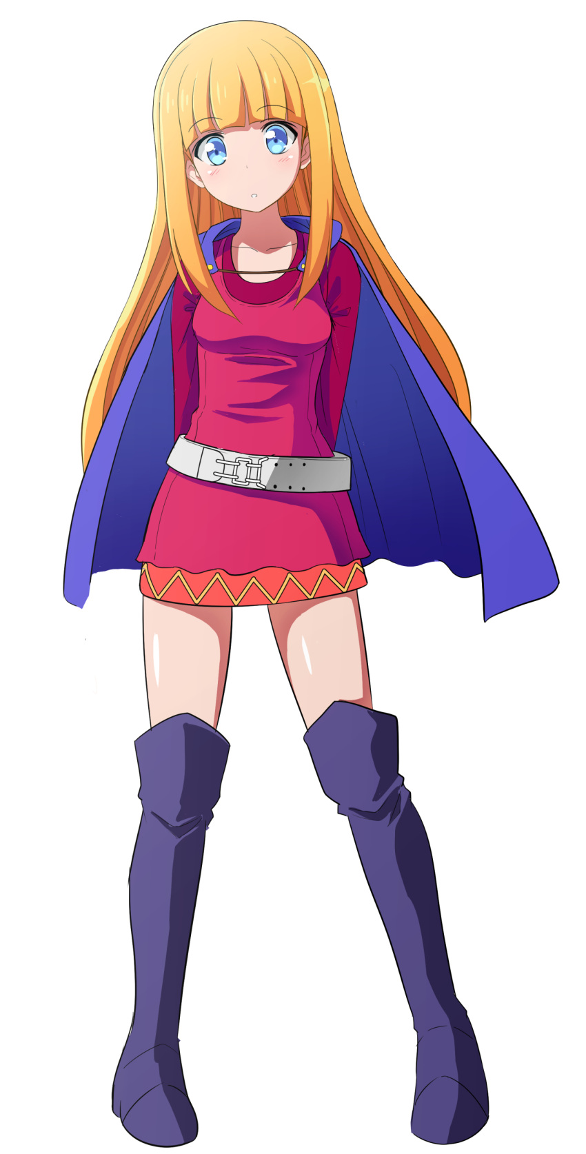 1girl, absurdres, arms_behind_back, blonde_hair, blue_eyes, blush, boots, breasts
