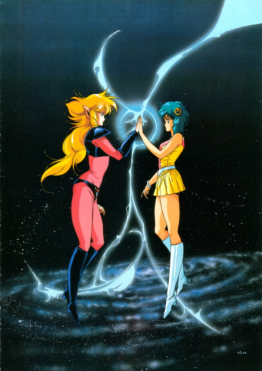 80's, blonde_hair, blue_hair, boots, bracelet, drill_hair, fight!_iczer-1, hair_ornament