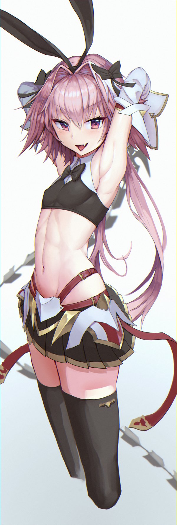 1boy, animal_ears, armpits, arms_up, astolfo_(fate), bare_shoulders, black_bow, black_legwear