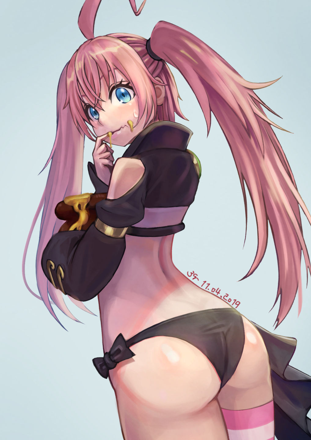 1girl, 2019, ahoge, arched_back, ass, bangs, black_bow, black_shirt, blue_background, blue_eyes, bow, closed_mouth, cowboy_shot, crop_top, crossed_bangs, dated, eating, eyelashes, finger_to_mouth, food, food_on_face, from_behind, highres, holding, honey, honeypot, long_hair, long_sleeves, looking_at_viewer, looking_back, milim_nava, no_pants, panties, pink_hair, shirt, side-tie_panties, sidelocks, simple_background, single_bare_shoulder, single_thighhigh, solo, striped, striped_legwear, sweatdrop, tensei_shitara_slime_datta_ken, thigh-highs, thighs, twintails, underwear, wavy_mouth, yudoufu_(unify)