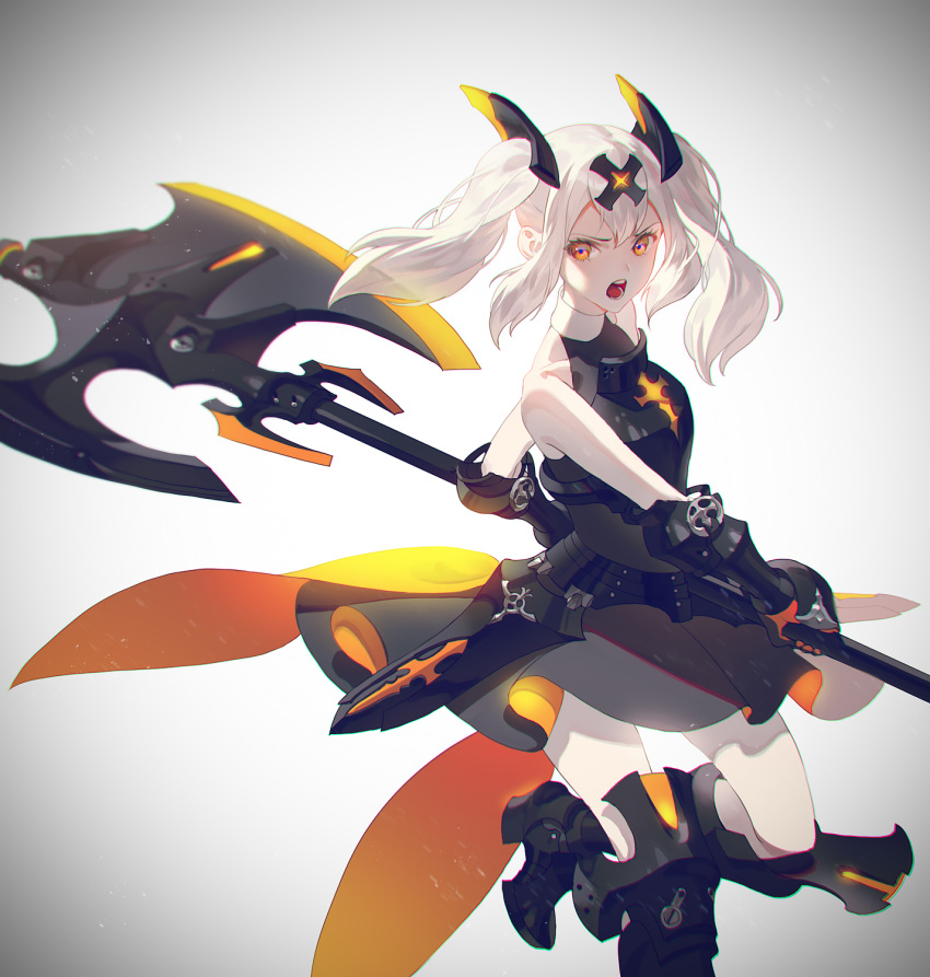 1girl, angry, armor, armored_boots, armored_dress, axe, bangs, bare_shoulders
