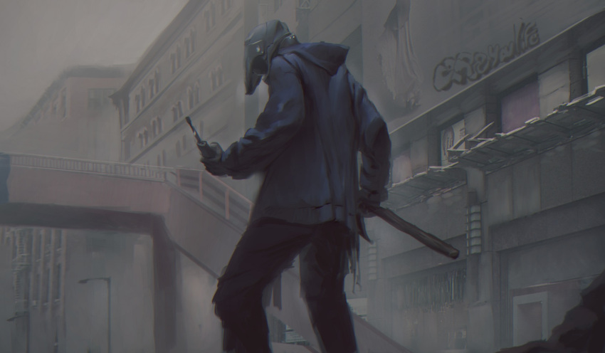 1boy, blue_hoodie, building, gloves, graffiti, helmet, highres, holding