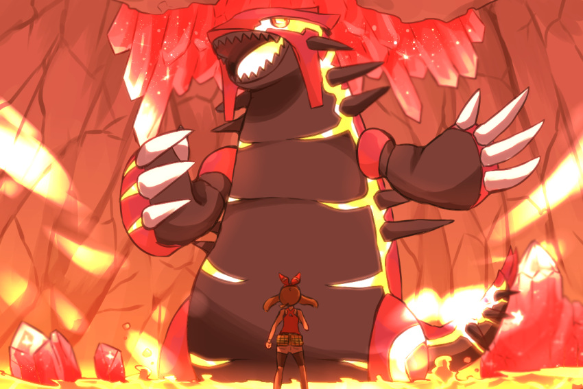 1girl, brown_hair, cave, gen_3_pokemon, groudon, hair_ribbon, haruka_(pokemon), legendary_pokemon