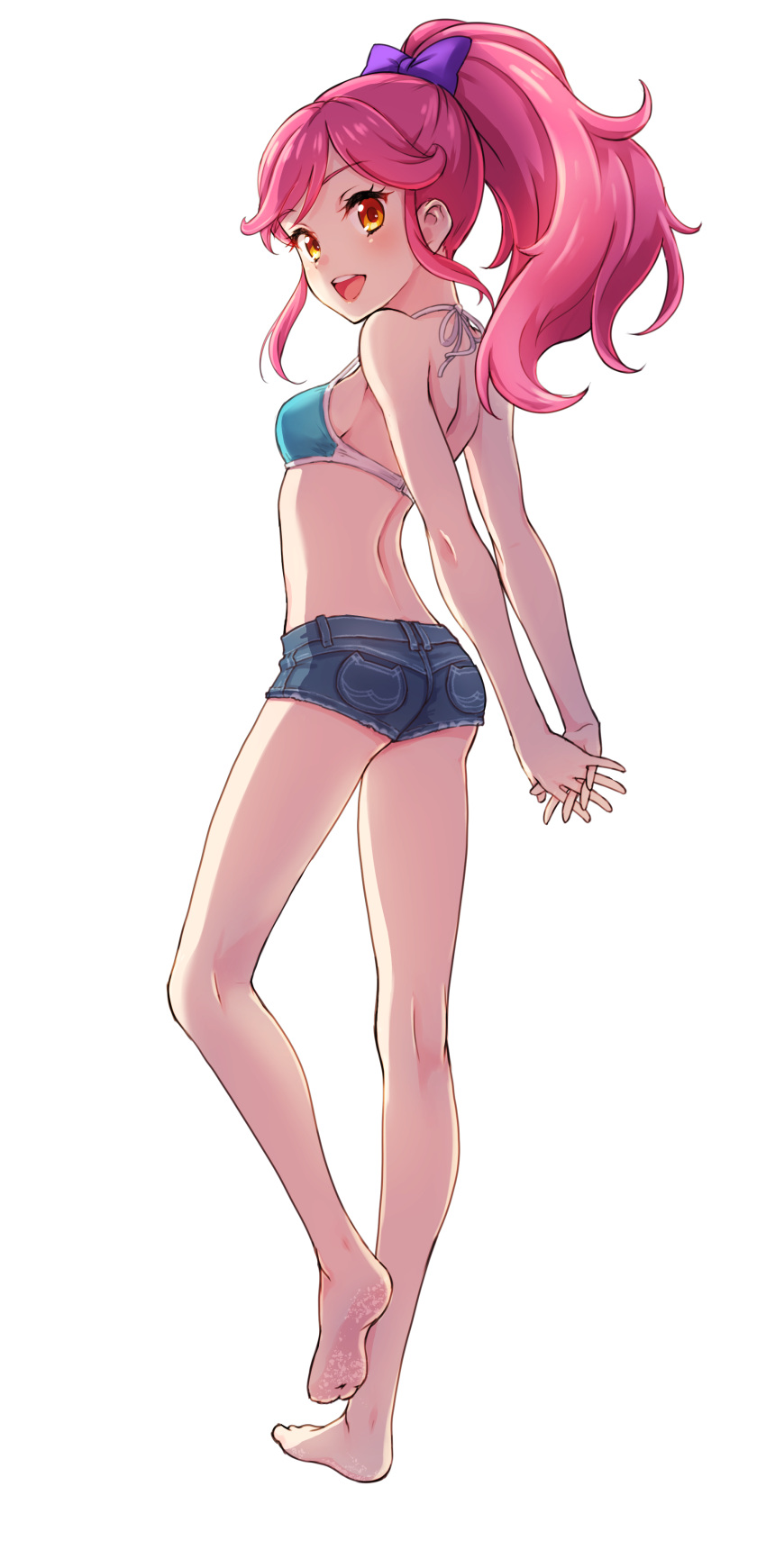 1girl, absurdres, aikatsu!, aikatsu!_(series), aqua_bikini_top, ass, back, bare_legs, barefoot, bikini_top, brown_eyes, eyebrows_visible_through_hair, from_behind, halter_top, halterneck, highres, interlocked_fingers, long_hair, looking_back, otoshiro_seira, own_hands_together, pink_hair, ponytail, round_teeth, shadow, short_shorts, shorts, simple_background, solo, stretch, swimsuit, teeth, upper_teeth, wantacchi, white_background