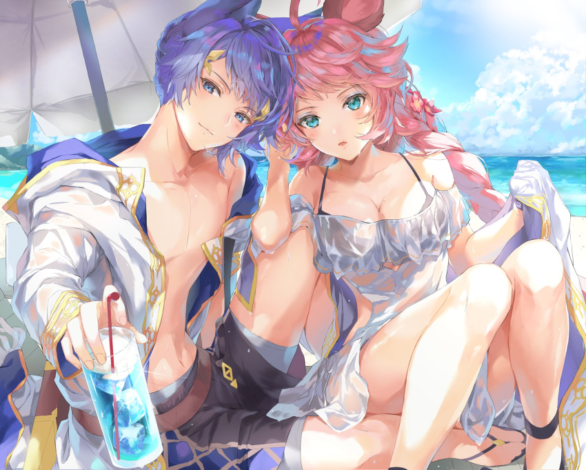 1boy, 1girl, ahoge, animal_ears, bangs, beach, bikini, blue_eyes