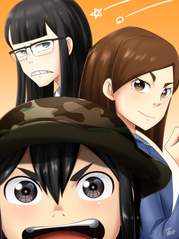 3girls, asakusa_midori, bangs, blue_eyes, blunt_bangs, brown_eyes, brown_hair, camouflage_hat