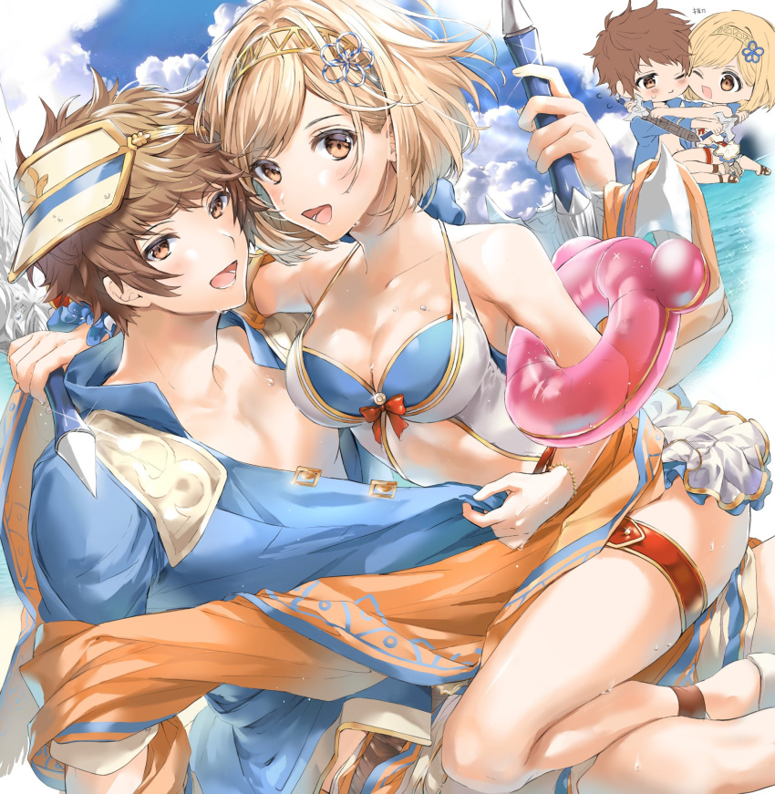 1boy, 1girl, arm_around_shoulder, bangs, blonde_hair, blue_shirt, bracelet, brown_eyes, brown_hair, djeeta_(granblue_fantasy), gran_(granblue_fantasy), granblue_fantasy, headband, highres, holding, holding_weapon, innertube, jewelry, ooluoul, shirt, short_hair, smile, swimsuit, sword, towel, water, weapon
