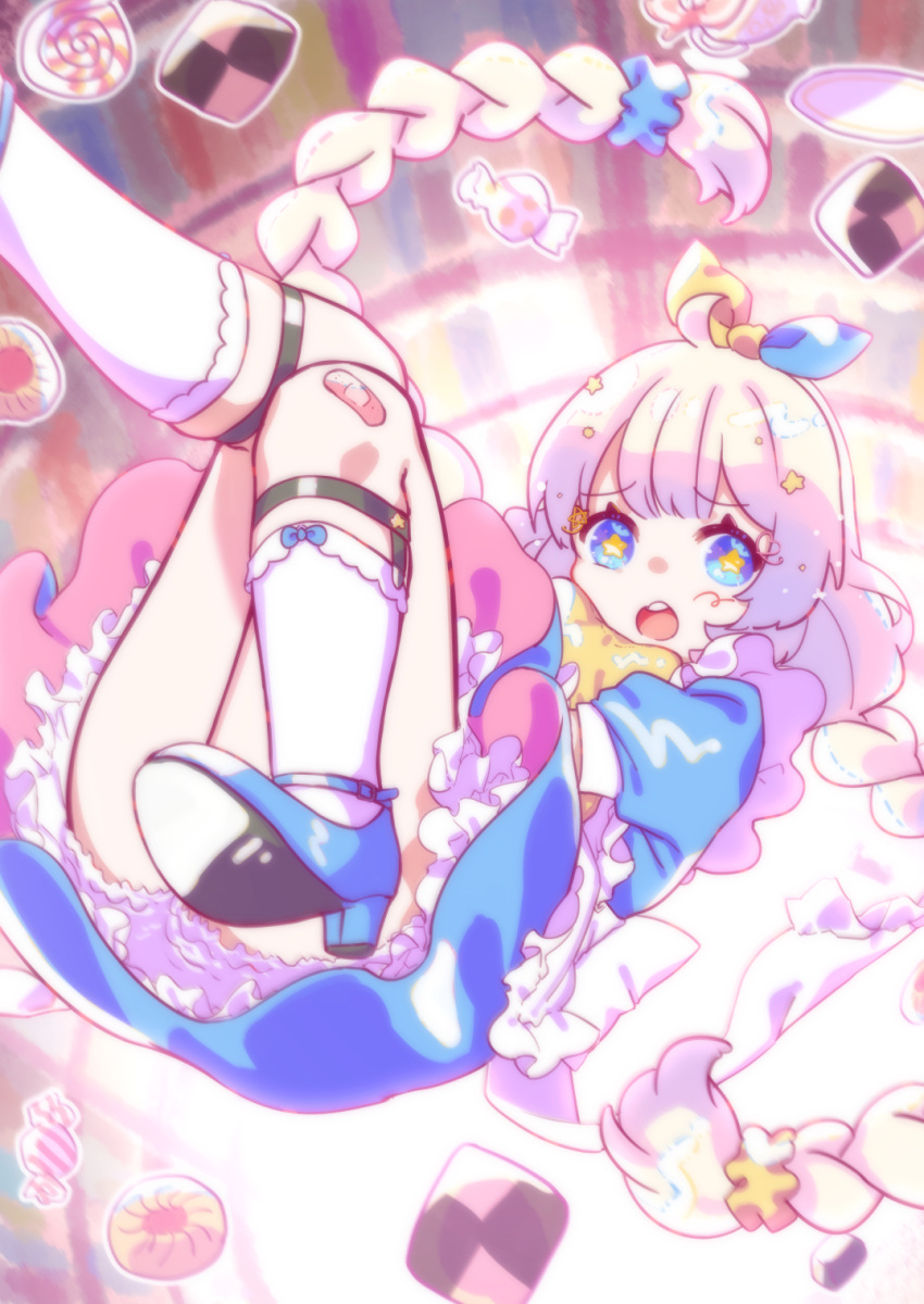 1girl, ahoge, apron, bandaid, bandaid_on_knee, bangs, blue_dress, blue_eyes