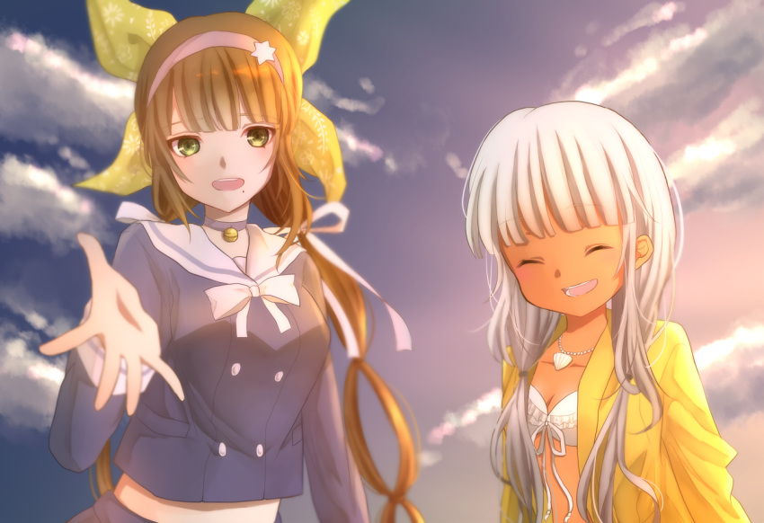 2girls, :d, bangs, blunt_bangs, bow, breasts, chabashira_tenko, choker, closed_eyes, dangan_ronpa, dark_skin, day, facing_viewer, green_eyes, hair_bow, jacket, jewelry, kuro_n314, long_hair, midriff, mole, mole_under_mouth, multiple_girls, neck_bell, necklace, new_dangan_ronpa_v3, open_mouth, outdoors, outstretched_hand, ribbon, school_uniform, seashell_necklace, serafuku, small_breasts, smile, upper_body, very_long_hair, white_ribbon, yellow_bow, yellow_jacket, yonaga_angie