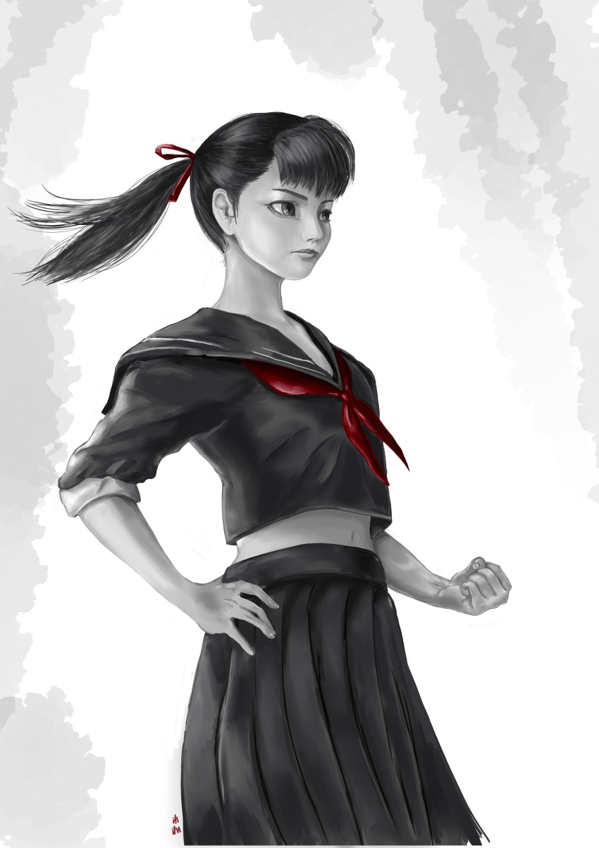 1girl, absurdres, black_eyes, black_hair, black_skirt, hair_ribbon, highres, juusan_kihei_bouei_ken, midriff_peek, navel, ponytail, puri_(xnfm5837), ribbon, school_uniform, serafuku, simple_background, skirt, spot_color, takemiya_yuki, white_background