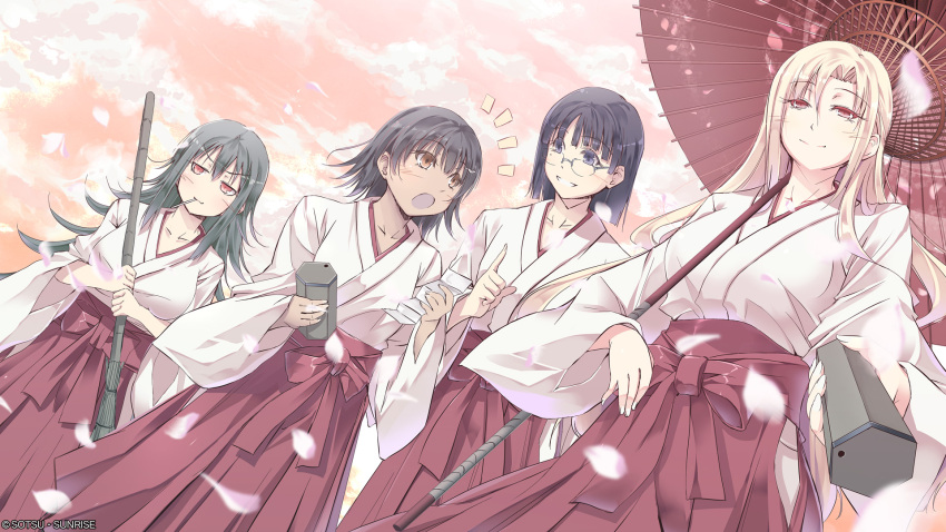4girls, :3, alternate_costume, artist_request, black_hair, blonde_hair, blush, broom, brown_eyes, carrie_kadbury, cherry_blossoms, clouds, glasses, grin, gundam, gundam_battle_operation_2, hakama, highres, japanese_clothes, katarina_wenders, leona_lucraft, long_hair, looking_at_viewer, miko, mole, mole_under_eye, mouth_hold, multiple_girls, new_year, notice_lines, official_art, omikuji, open_mouth, oriental_umbrella, purple_hair, red_eyes, red_hakama, smile, tenda_begin, umbrella, violet_eyes, wide_sleeves