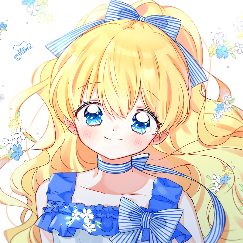 1girl, aruhi_ohimesama_ni_natteshimatta_ken_ni_tsuite, athanasia_de_alger_obelia, bangs, blonde_hair, blue_bow, blue_eyes, blue_flower